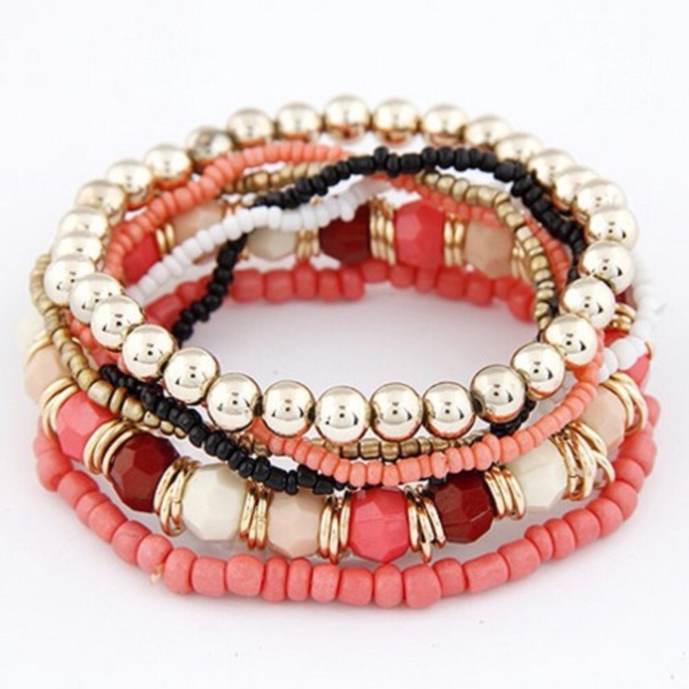 💎2 for $15💎 7 Coral & Gold Beaded Bracelet Set